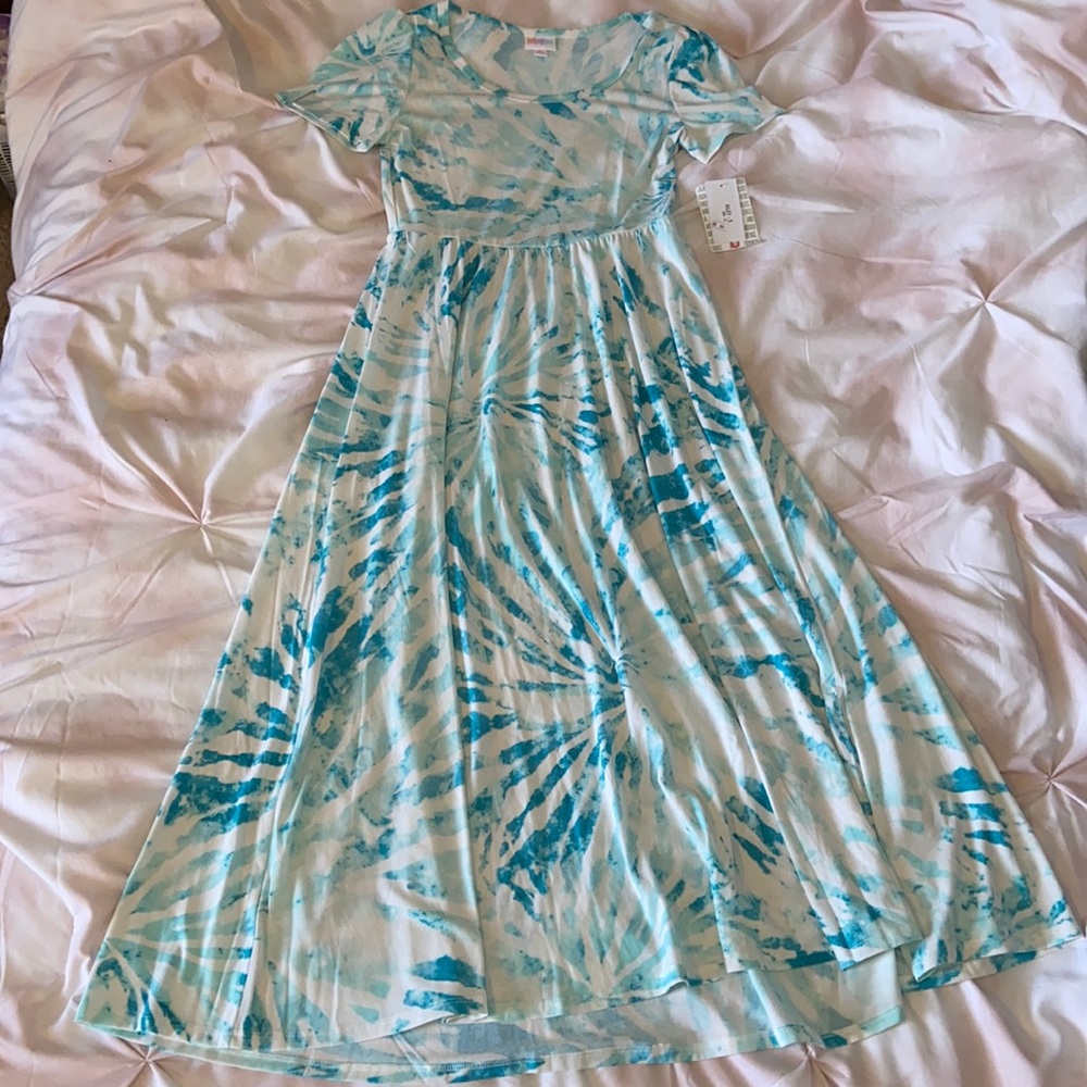 LuLaRoe Maxi Dress in Aqua and White Tie-Dye
